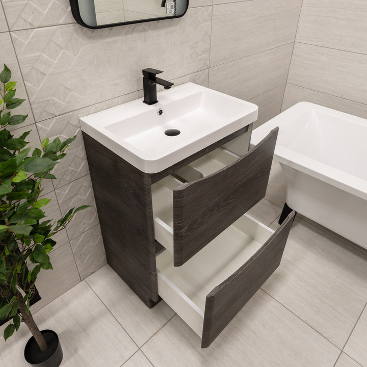 Baltimore 600mm Floor Standing Vanity Unit &amp; Basin - Graphite Oak