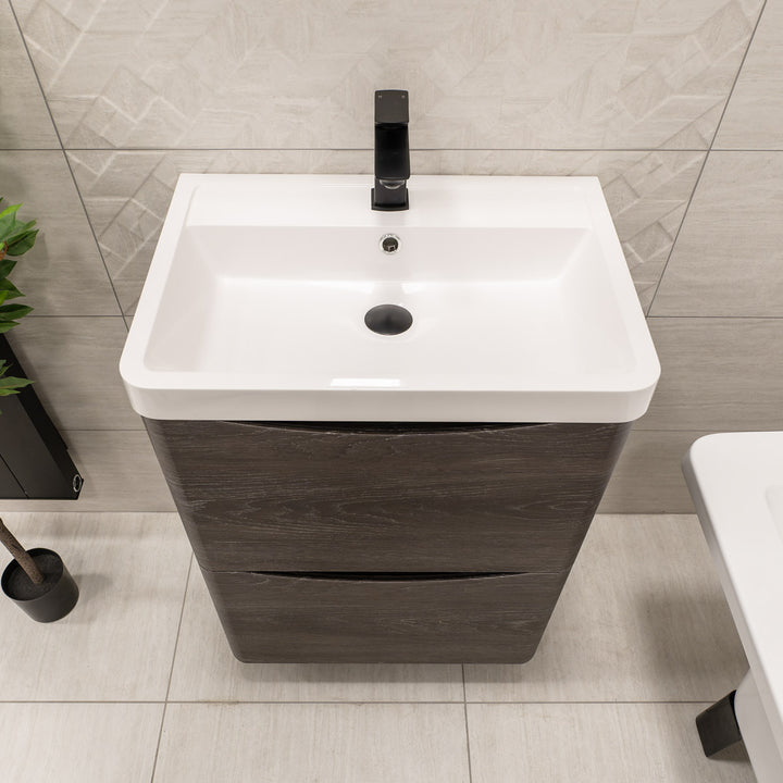 Baltimore 600mm Floor Standing Vanity Unit &amp; Basin - Graphite Oak