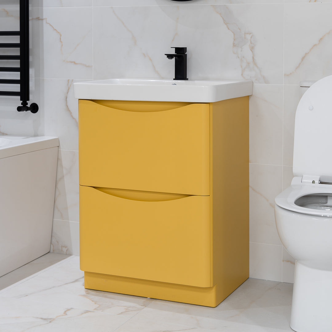 Happi 600mm Floor Standing Vanity Unit &amp; Basin - Yellow Pink/Mustard