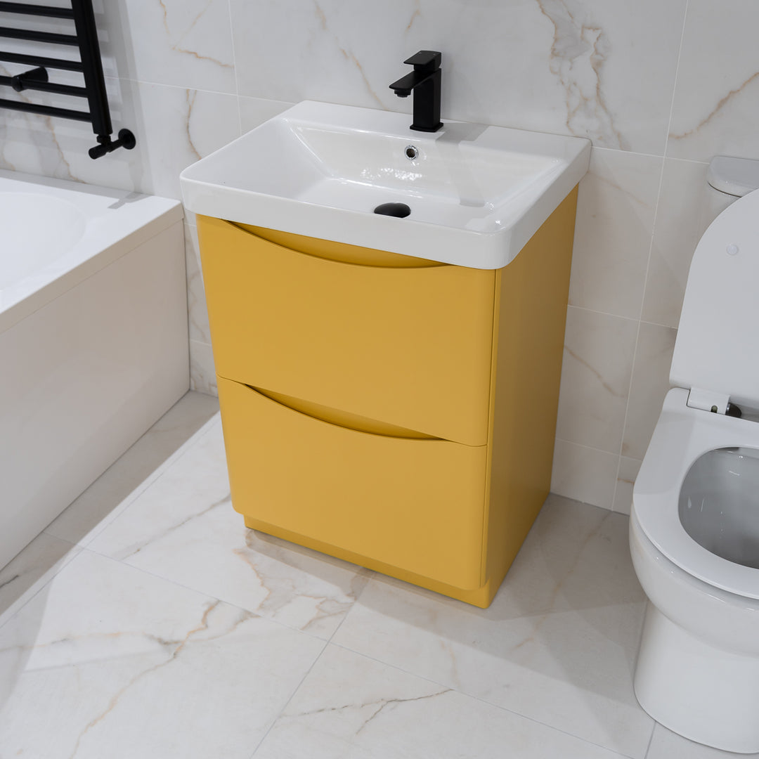 Happi 600mm Floor Standing Vanity Unit &amp; Basin - Yellow Pink/Mustard