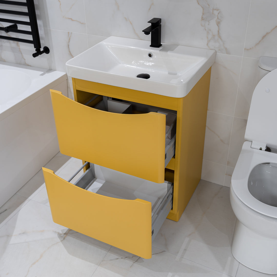 Happi 600mm Floor Standing Vanity Unit &amp; Basin - Yellow Pink/Mustard