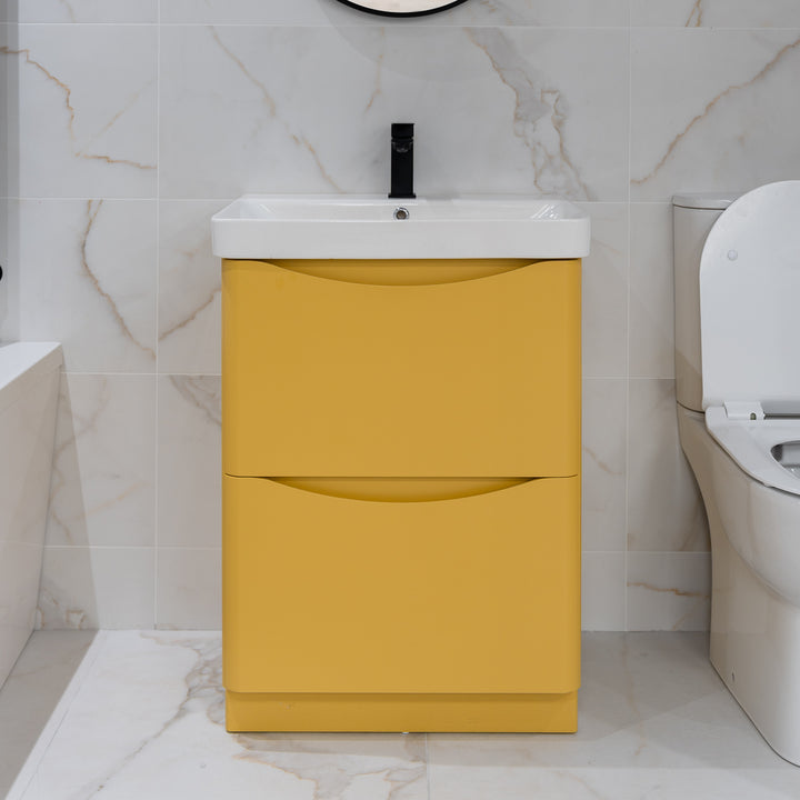 Happi 600mm Floor Standing Vanity Unit &amp; Basin - Yellow Pink/Mustard