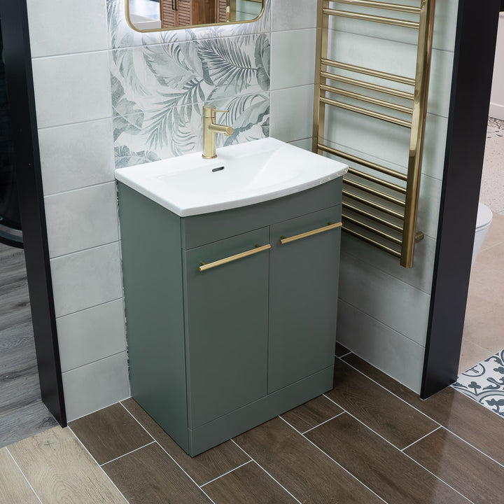 Luan 600mm 2 Door Floor Standing Vanity Unit &amp; Basin - Sage Green