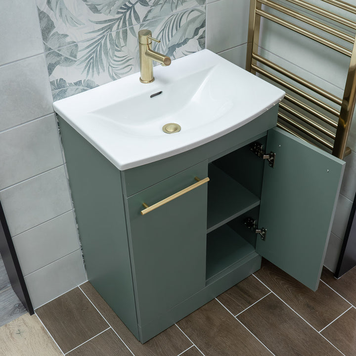 Luan 600mm 2 Door Floor Standing Vanity Unit &amp; Basin - Sage Green