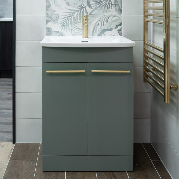Luan 600mm 2 Door Floor Standing Vanity Unit &amp; Basin - Sage Green