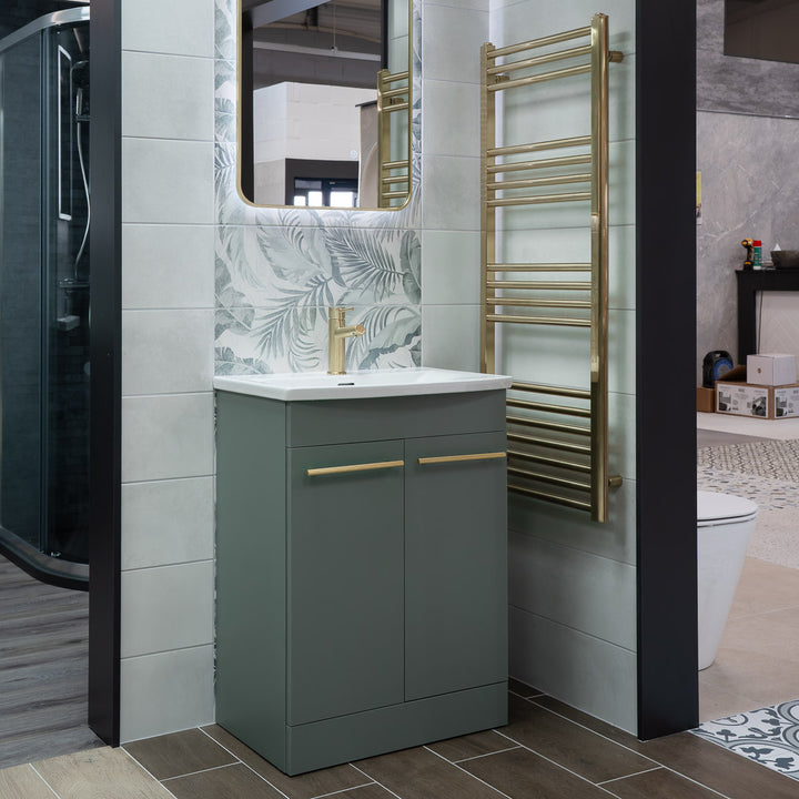 Luan 600mm 2 Door Floor Standing Vanity Unit &amp; Basin - Sage Green