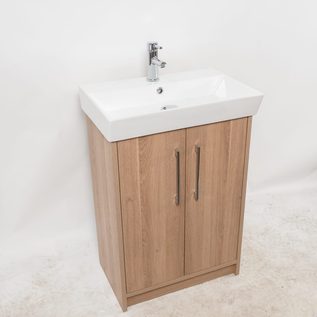 Orion 600mm Floor Standing 2 Door Vanity Unit &amp; Basin - Brown Cuneo Oak