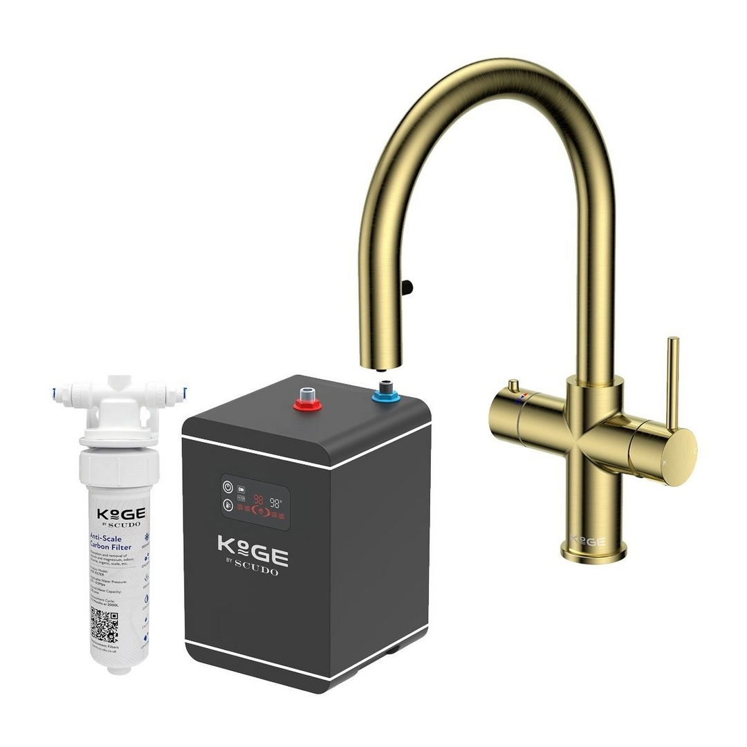 Eliseo Ricci 4 in 1 Swan Pull Out Spout Instant Boiling Water Kitchen Tap - Brushed Brass