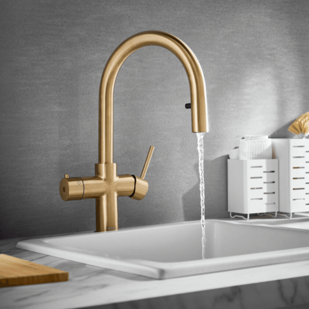 Eliseo Ricci 4 in 1 Swan Pull Out Spout Instant Boiling Water Kitchen Tap - Brushed Brass