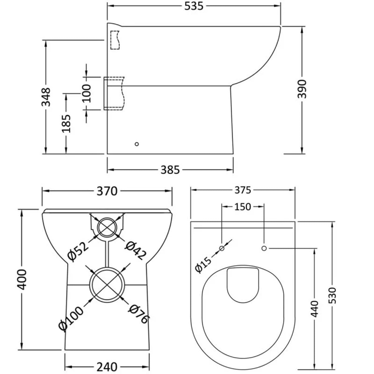 Baltimore 500mm 2-in 1 Round Toilet & Basin Combo Pack - Chestnut/Black - Technical drawing