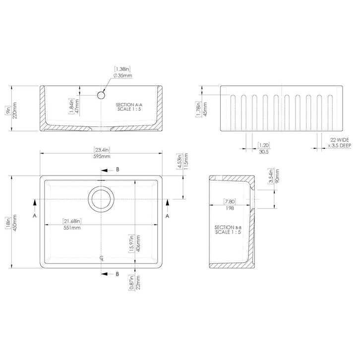 Nuie Fluted Butler 595x450x220mm Fireclay Sink with Waste &amp; Overflow - White