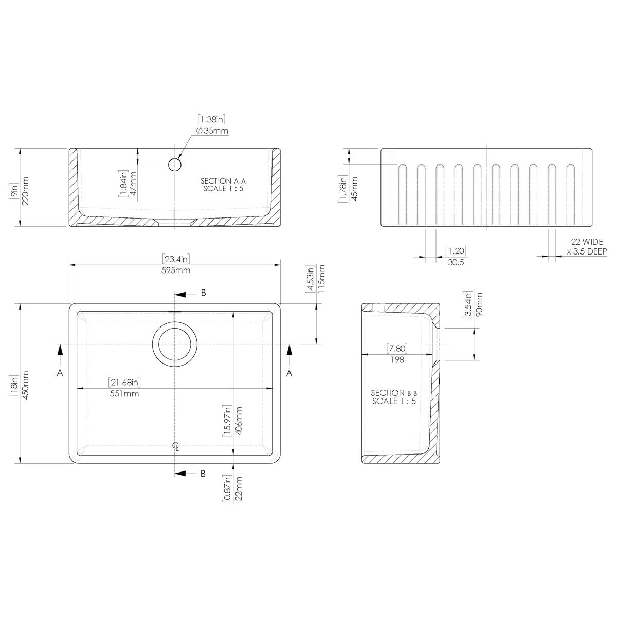 Nuie Fluted Butler 595x450x220mm Fireclay Sink with Waste & Overflow - White - Technical drawing