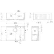 Nuie Fluted Butler 595x450x220mm Fireclay Sink with Waste & Overflow - White - Technical drawing