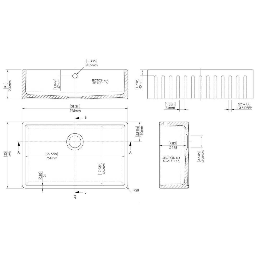 Nuie Fluted Butler 795x500x220mm Fireclay Sink with Central Waste &amp; Overflow - White