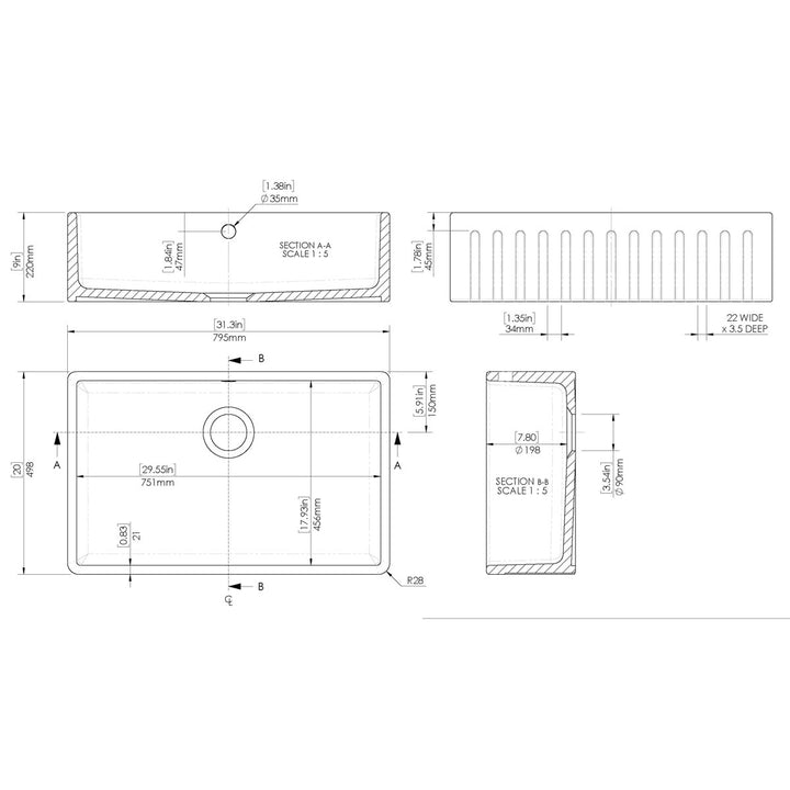Nuie Fluted Butler 795x500x220mm Fireclay Sink with Central Waste &amp; Overflow - White