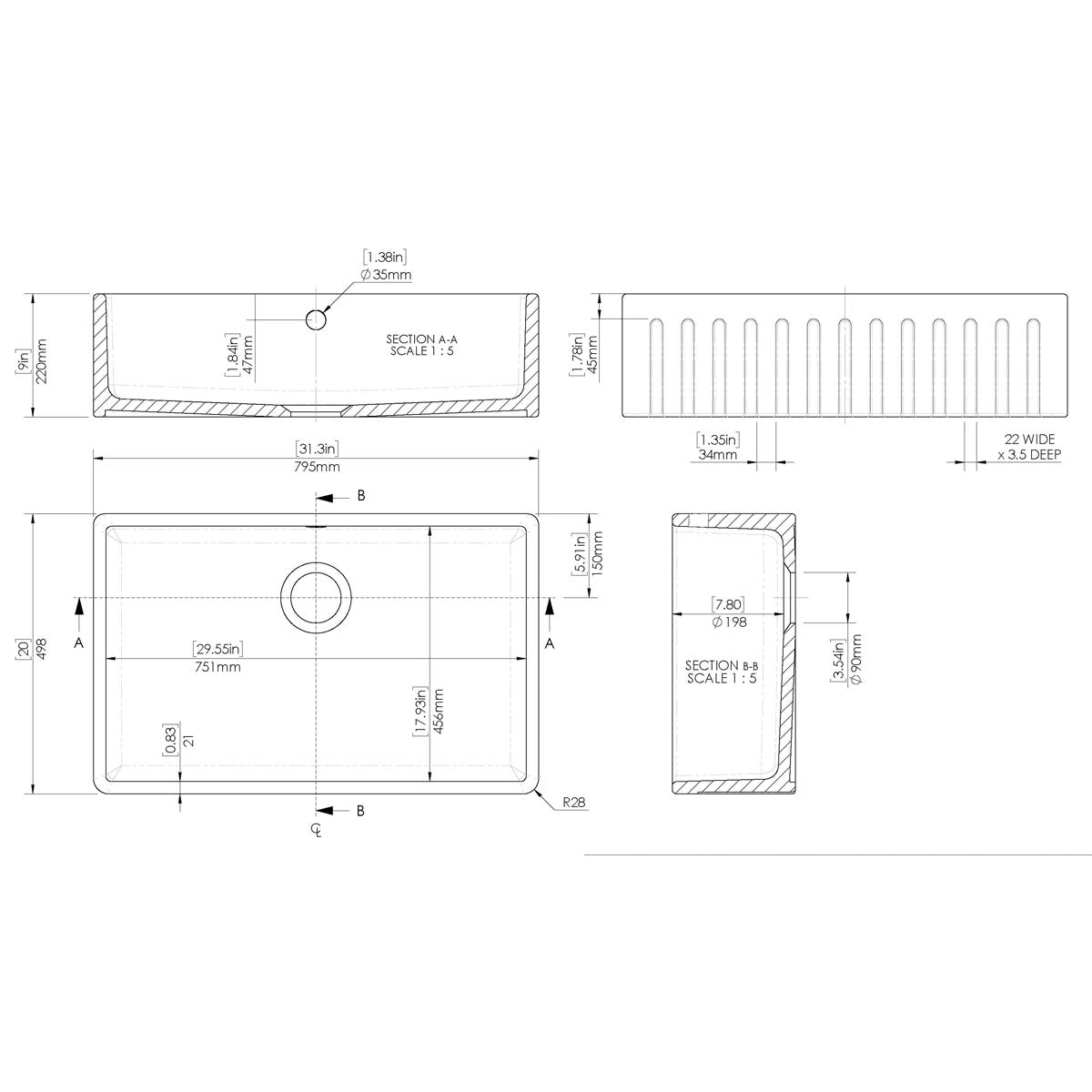 Nuie Fluted Butler 795x500x220mm Fireclay Sink with Central Waste & Overflow - White - Technical drawing