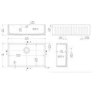 Nuie Fluted Butler 795x500x220mm Fireclay Sink with Central Waste & Overflow - White - Technical drawing