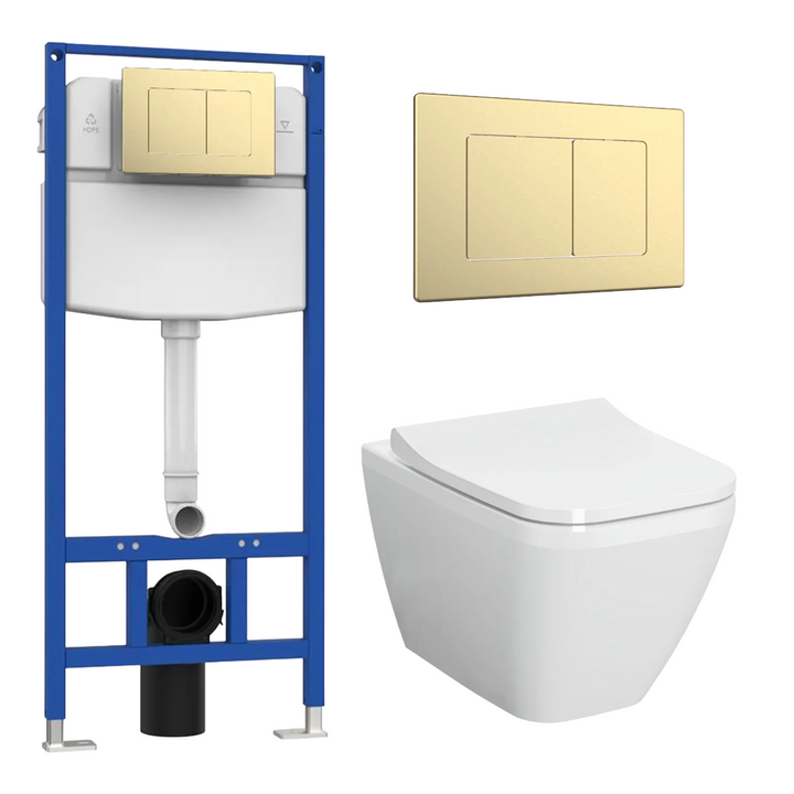 Vitra Integra Square Rimless Wall Hung Pan &amp; Frame Bundle - Brushed Brass