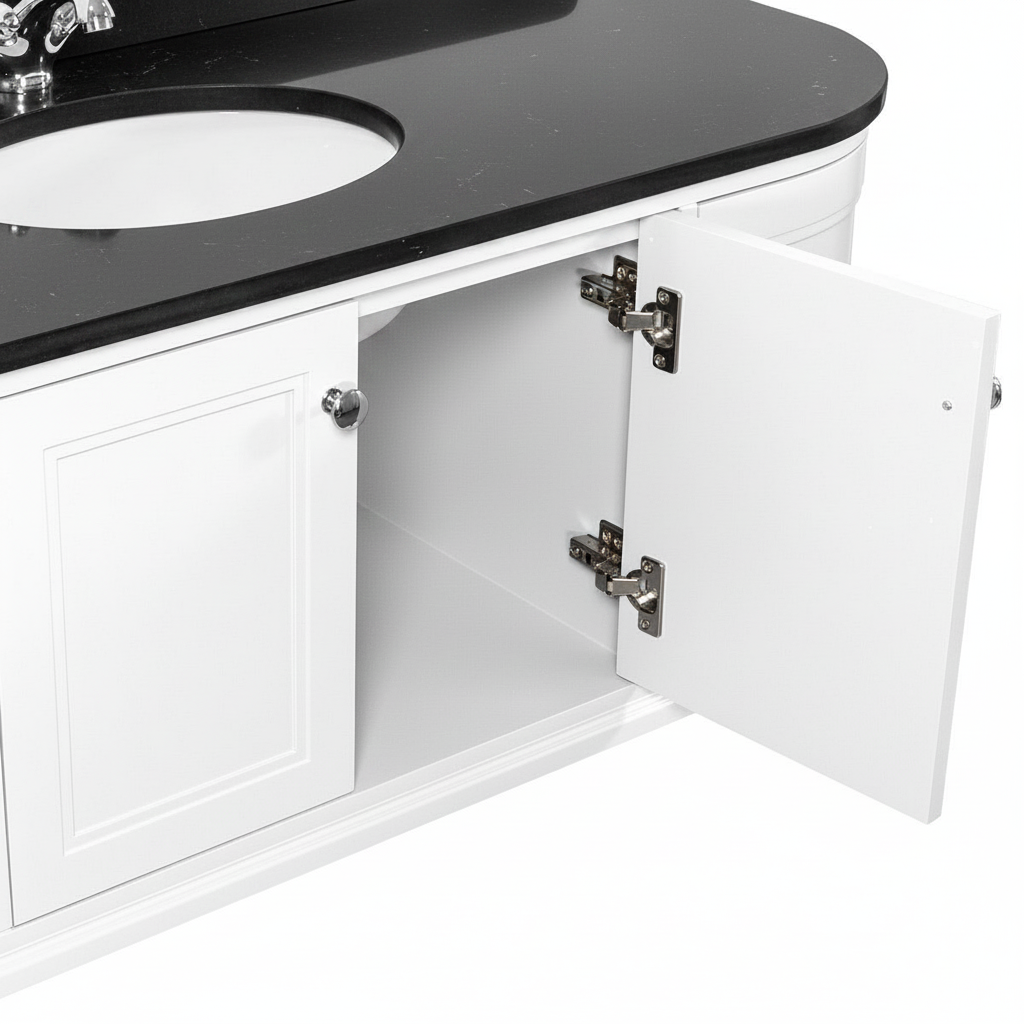 Kingsbury Classic Curved 1200mm Wall Hung Vanity Unit, Black Worktop &amp; Ceramic Basin - White