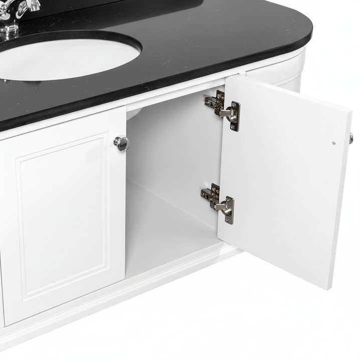 Kingsbury Classic Curved 1200mm Wall Hung Vanity Unit, Black Worktop &amp; Ceramic Basin - White