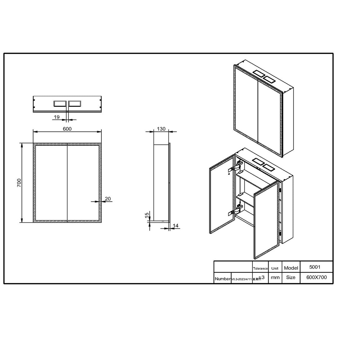Mia LED Bluetooth 700 x 600mm Double Door Cabinet