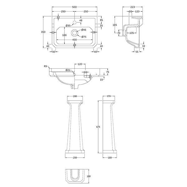 Richmond 500mm 1 Tap Hole Basin &amp; Full Pedestal