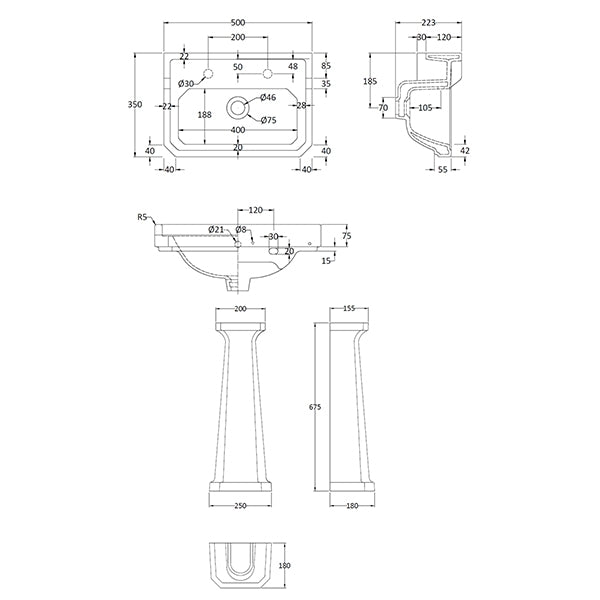 Richmond 500mm 2 Tap Hole Basin &amp; Pedestal