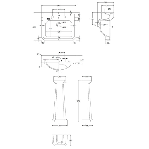 Richmond 560mm 2 Tap Hole Basin & Pedestal - Technical drawing