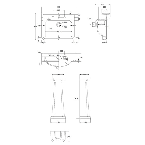 Richmond 600mm 2 Tap Hole Basin &amp; Pedestal