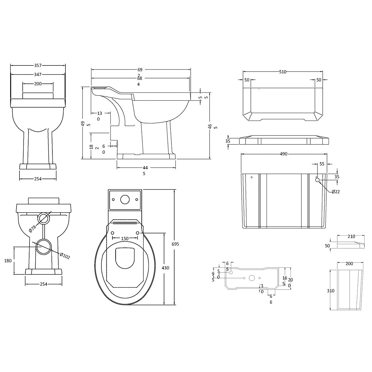 Richmond Close Coupled Comfort Height WC Pan & Cistern - Technical drawing