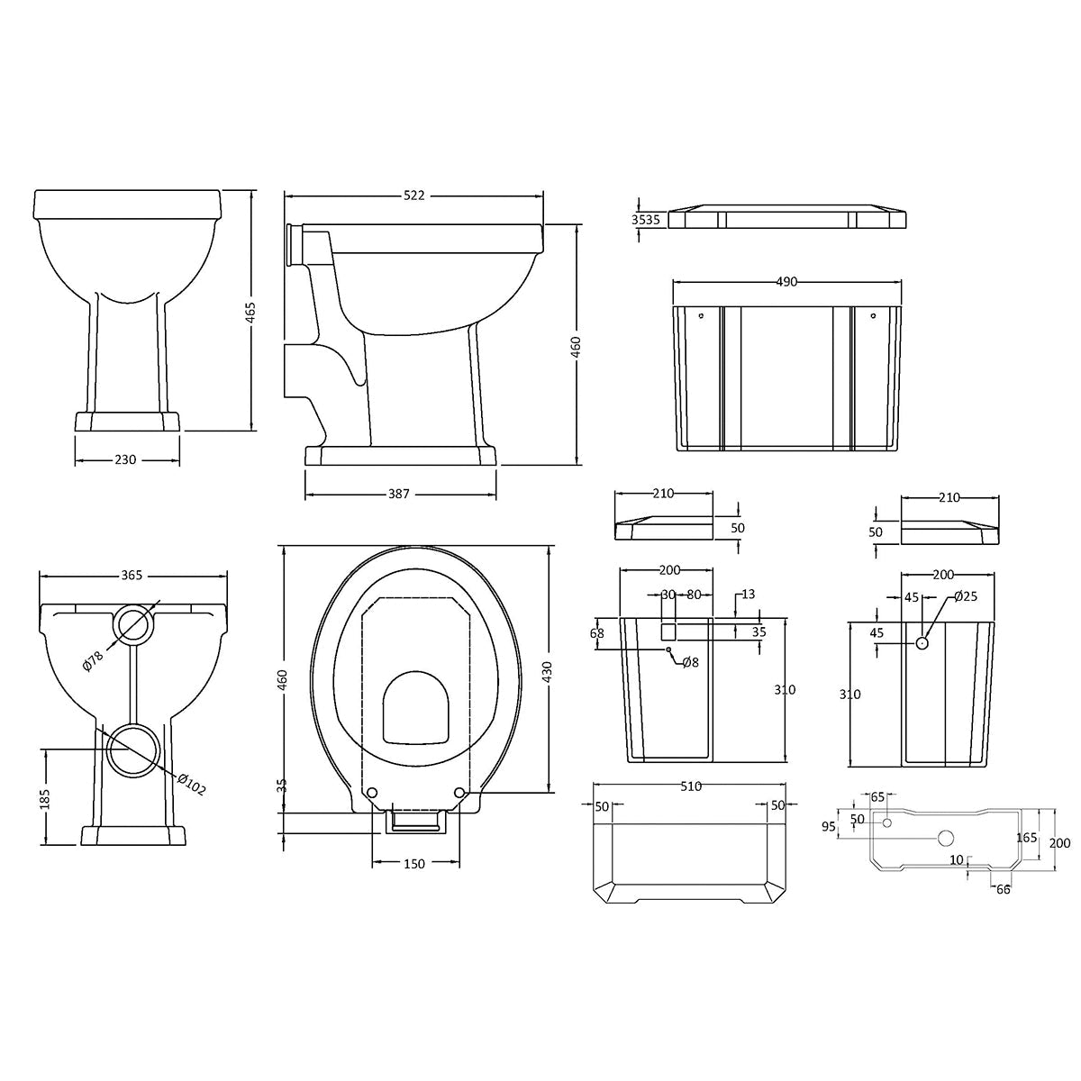 Hudson Reed Richmond High Level Comfort Height Toilet Excluding Seat - Technical drawing