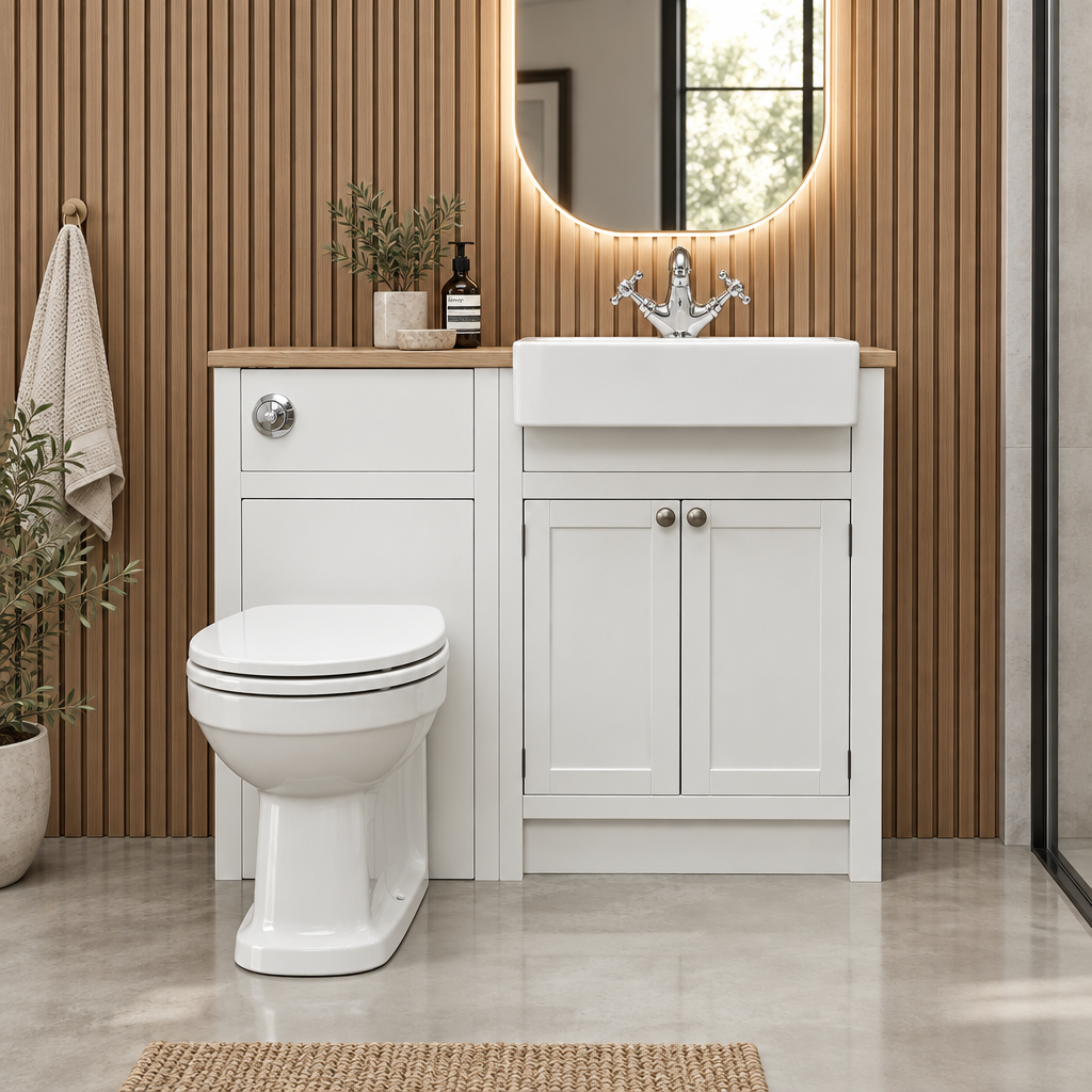 A white bathroom vanity cabinet with a wood-look top, integrated sink, and two cabinet doors, shown next to a white toilet. The setup is set against a brown wood slat wall with a glowing round mirror, a towel, and plants.
