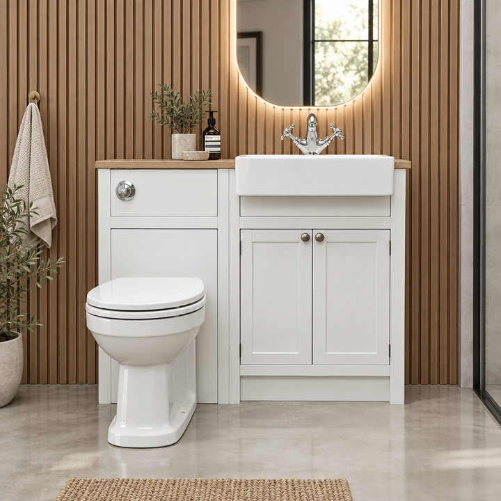 A white bathroom vanity cabinet with a wood-look top, integrated sink, and two cabinet doors, shown next to a white toilet. The setup is set against a brown wood slat wall with a glowing round mirror, a towel, and plants.