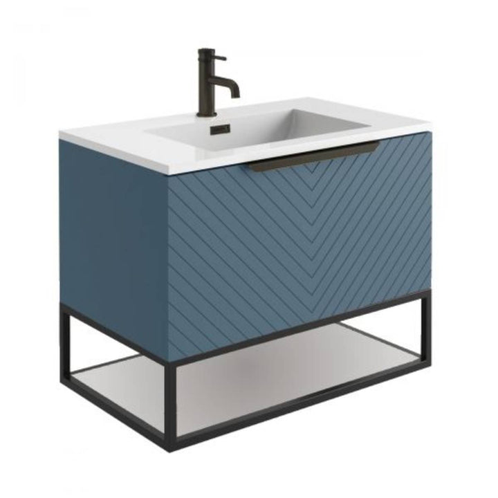 Chevron 800mm Wall Hung Vanity Unit &amp; Basin with Black Frame - Blue