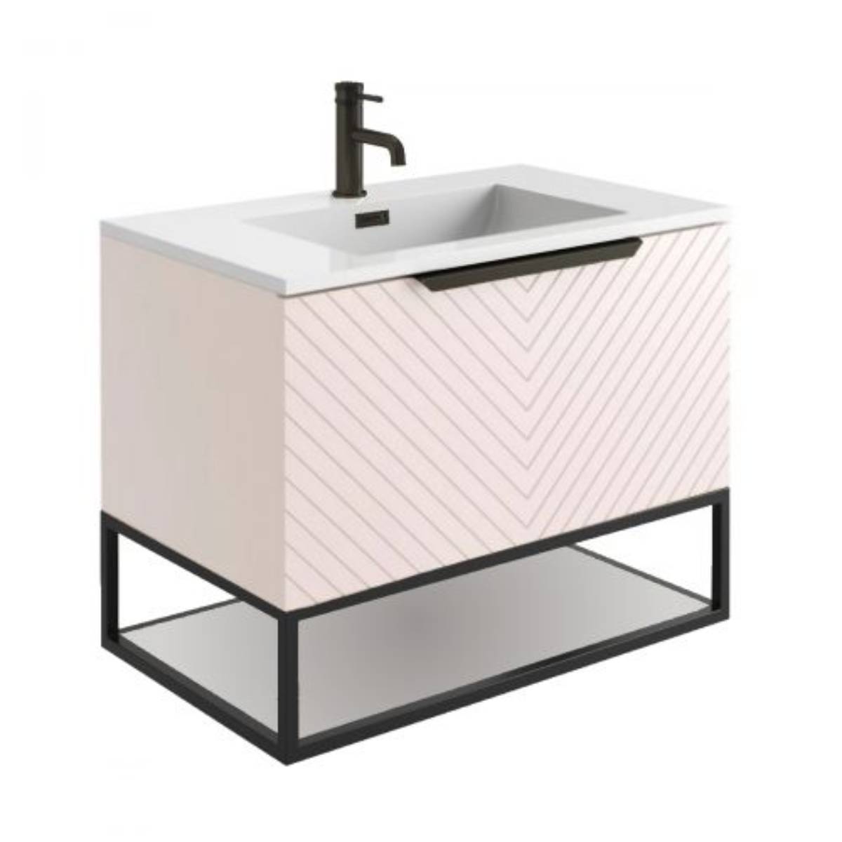 Chevron 800mm Wall Hung Vanity Unit & Basin with Black Frame - Blue - Technical drawing
