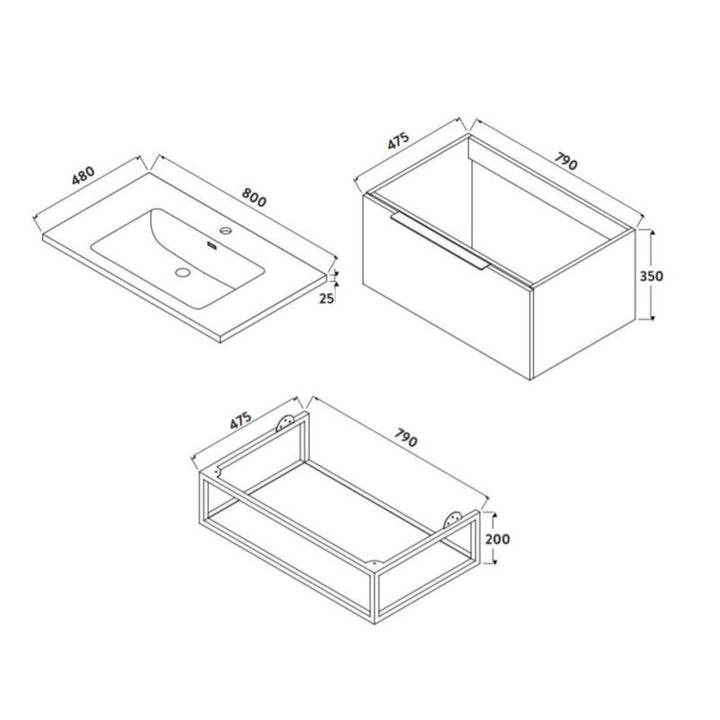 Chevron 800mm Wall Hung Vanity Unit &amp; Basin with Black Frame - Blue