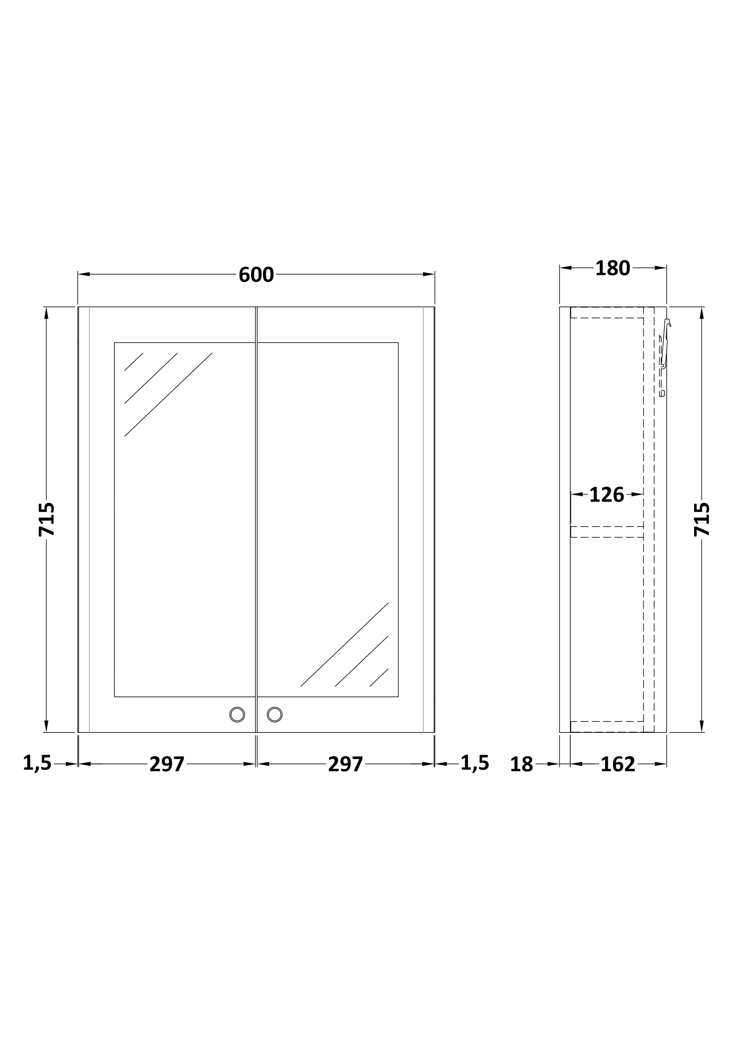 Nuie 600mm Black Double Door Mirror Cabinet - Technical drawing