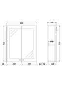 Nuie 600mm Black Double Door Mirror Cabinet - Technical drawing