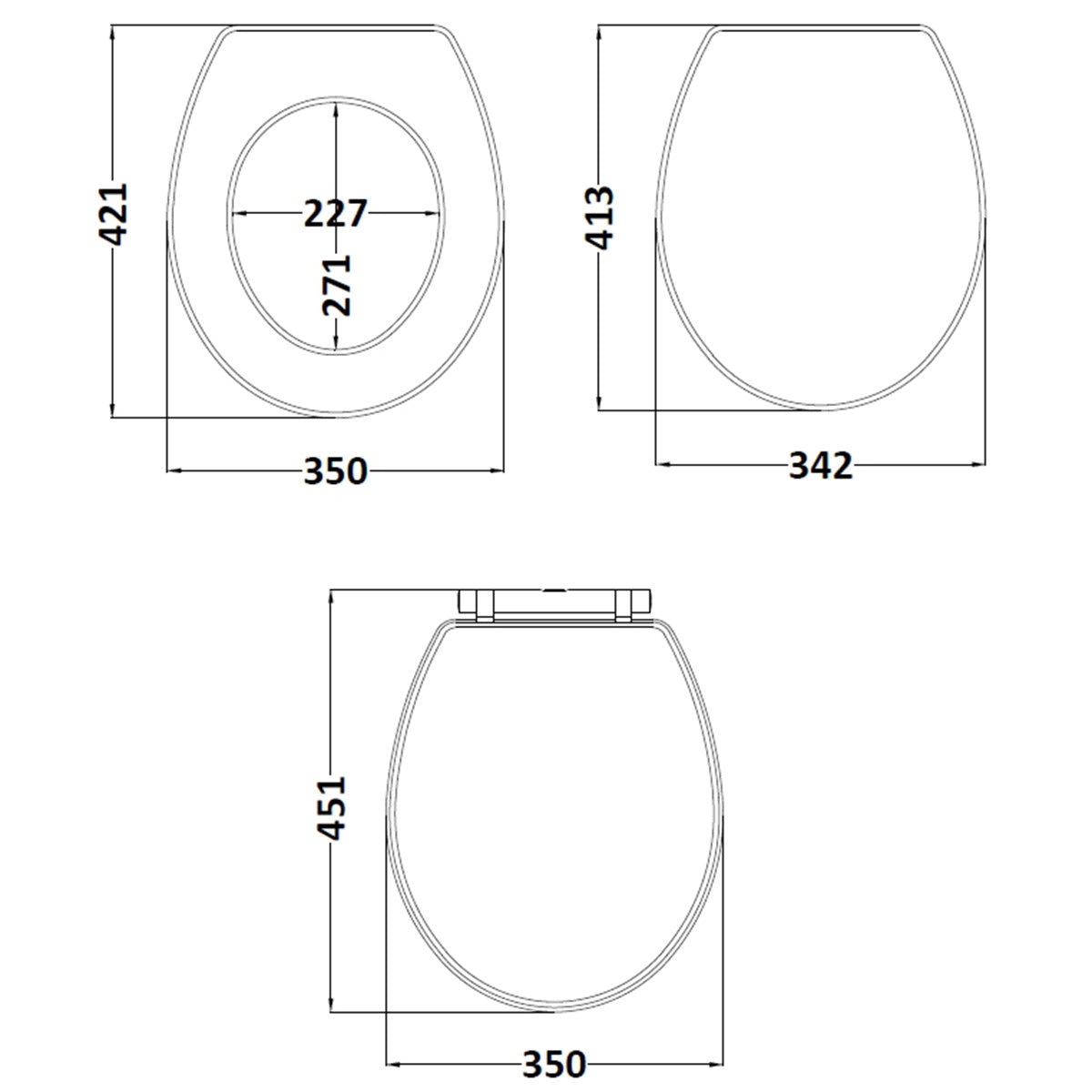 Nuie Soft Close Wooden Toilet Seat - Satin White - Technical drawing