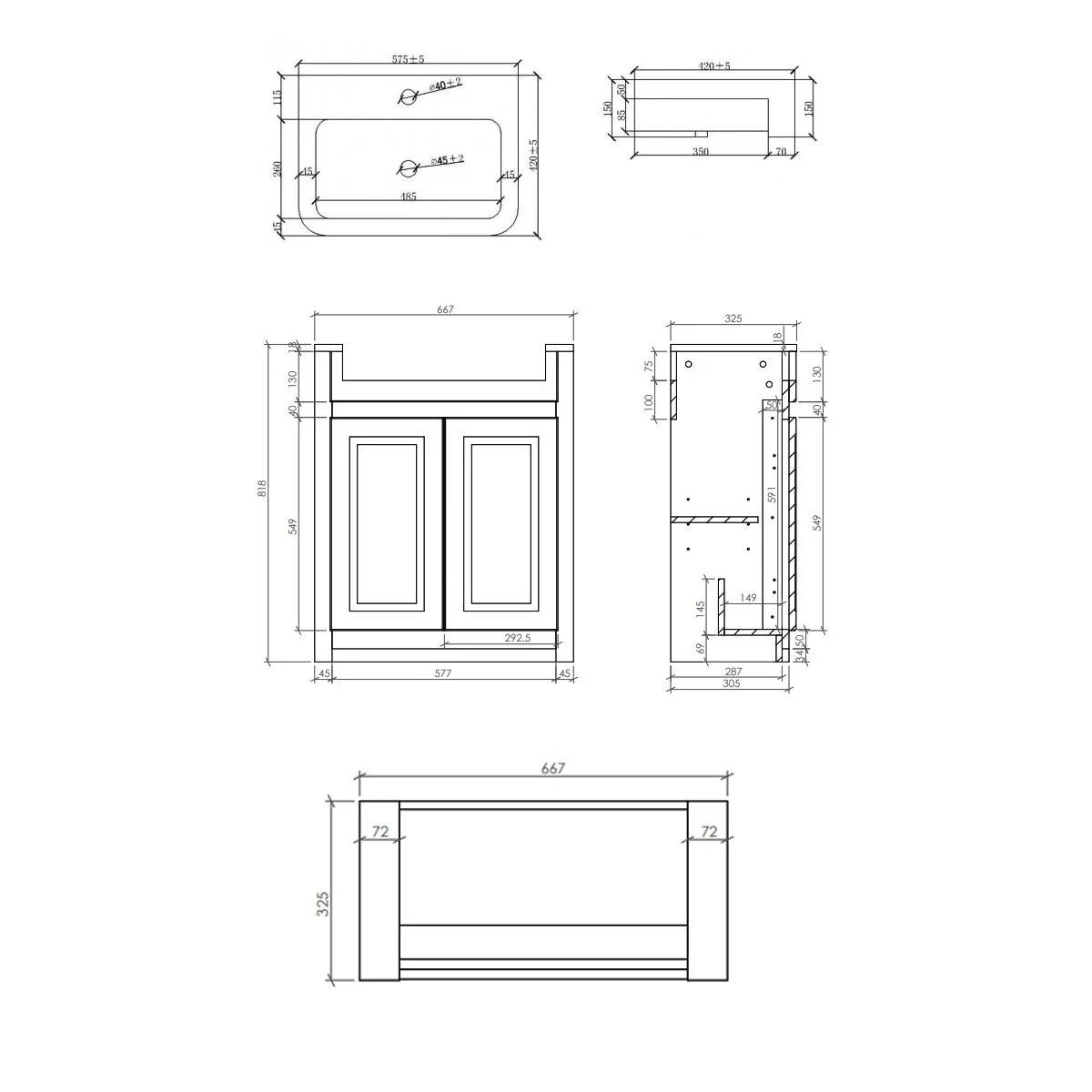 Classica 660mm Traditional Vanity Unit & Semi-Recessed Basin - Stone Grey - Technical drawing