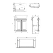 Classica 660mm Traditional Vanity Unit & Semi-Recessed Basin - Stone Grey - Technical drawing