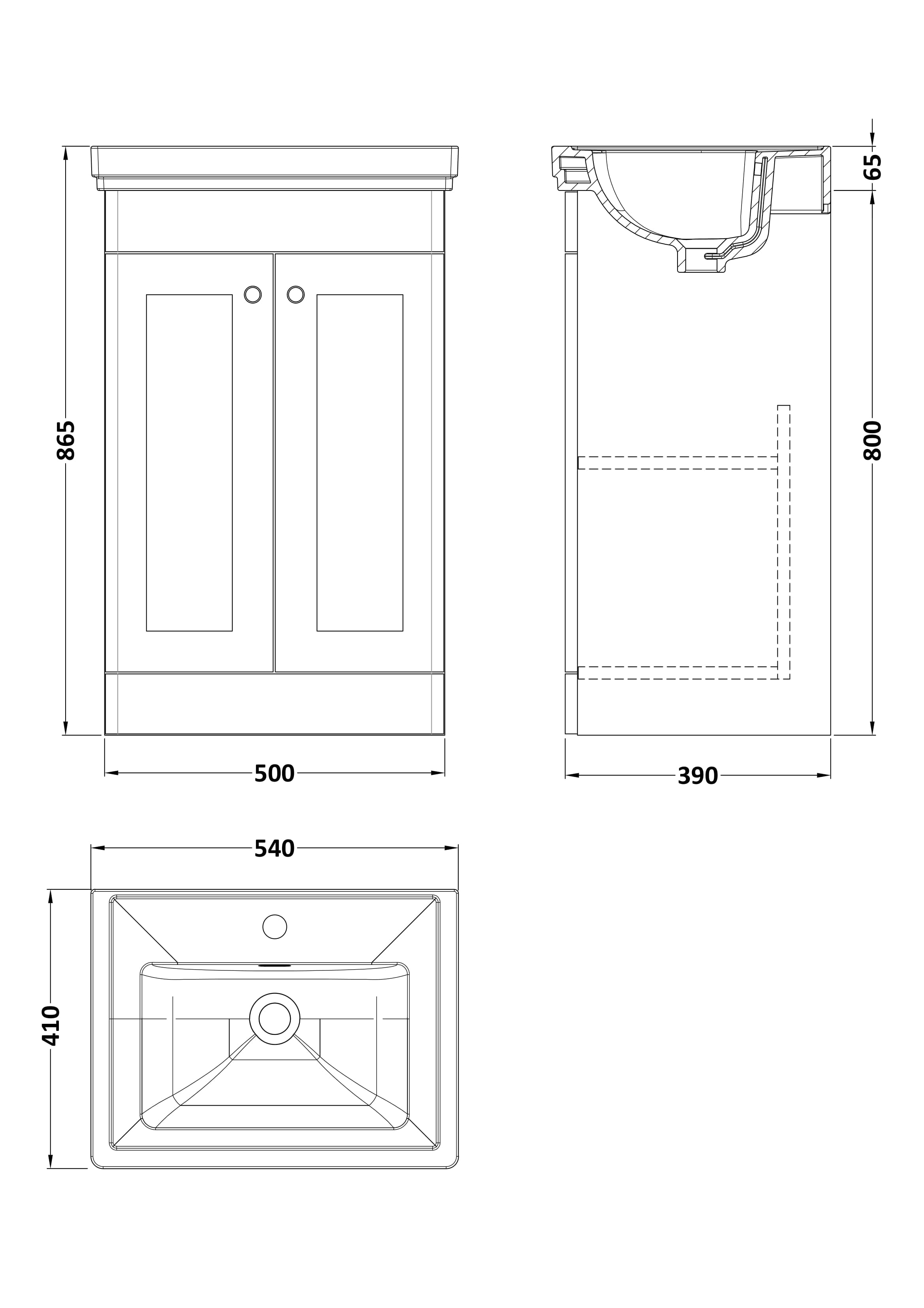Nuie Classique 500mm Satin White Traditional Floor Standing 2-Door Unit & Basin 1 Tap Hole - Technical drawing