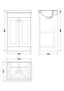 Nuie Classique 500mm Satin White Traditional Floor Standing 2-Door Unit & Basin 1 Tap Hole - Technical drawing
