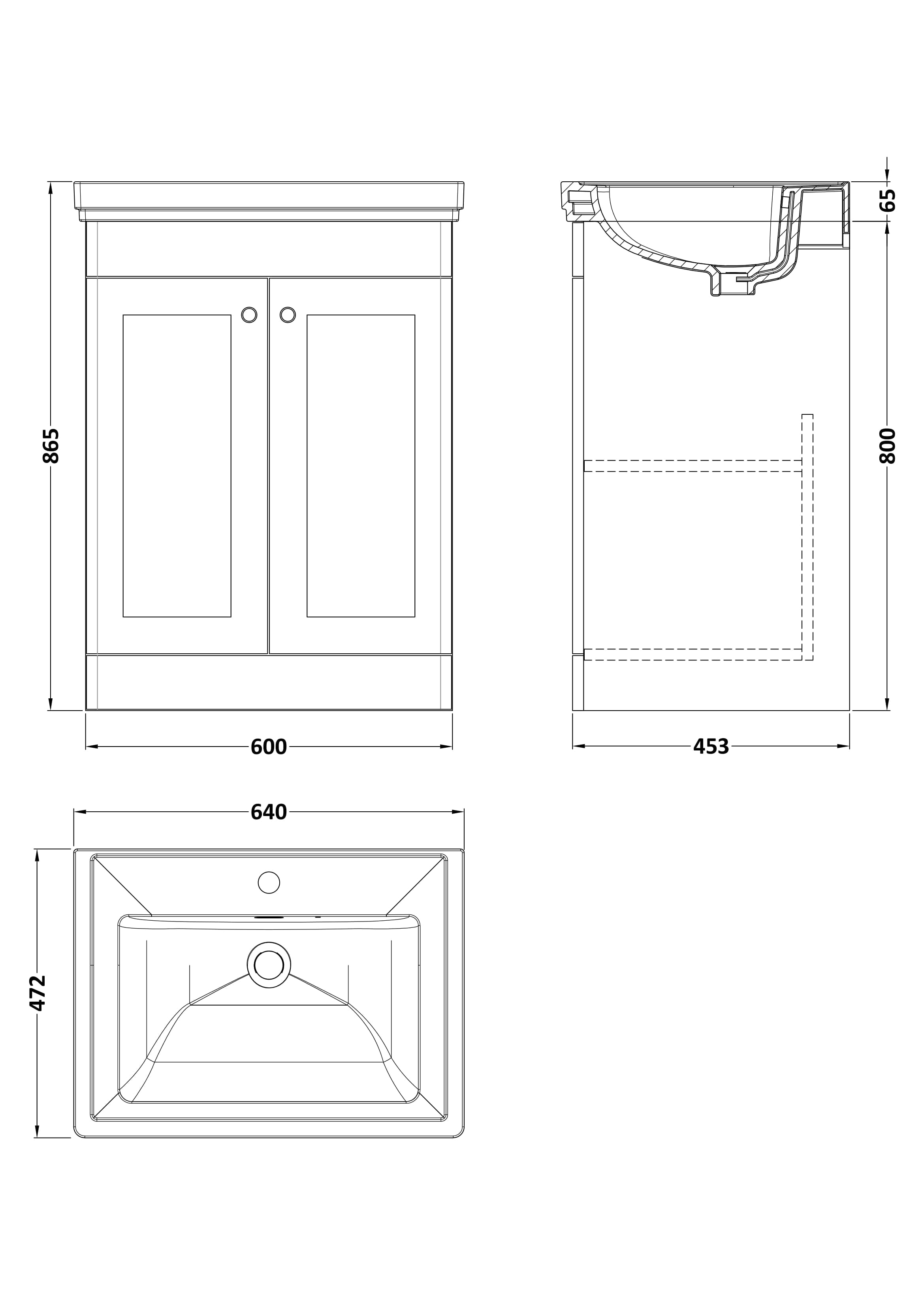 Nuie Classique 600mm Traditional Floor Standing Vanity Unit & Basin - Satin White - Technical drawing