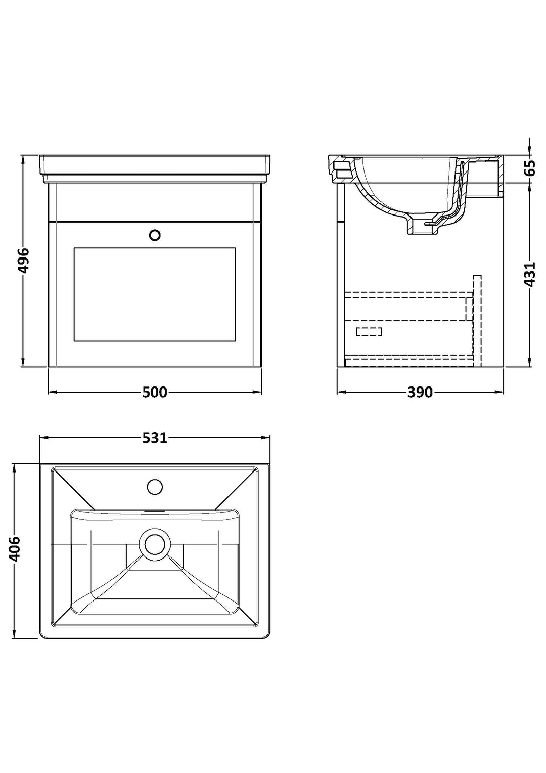 Nuie Classique 500mm Satin White Traditional Wall Hung 1-Drawer Unit &amp; Basin 1 Tap Hole