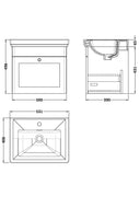 Nuie Classique 500mm Satin White Traditional Wall Hung 1-Drawer Unit & Basin 1 Tap Hole - Technical drawing