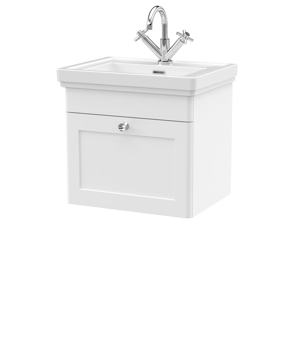 Nuie Classique 500mm Traditional 1 Drawer Wall Mounted Vanity Unit & Ceramic Basin - Satin Grey