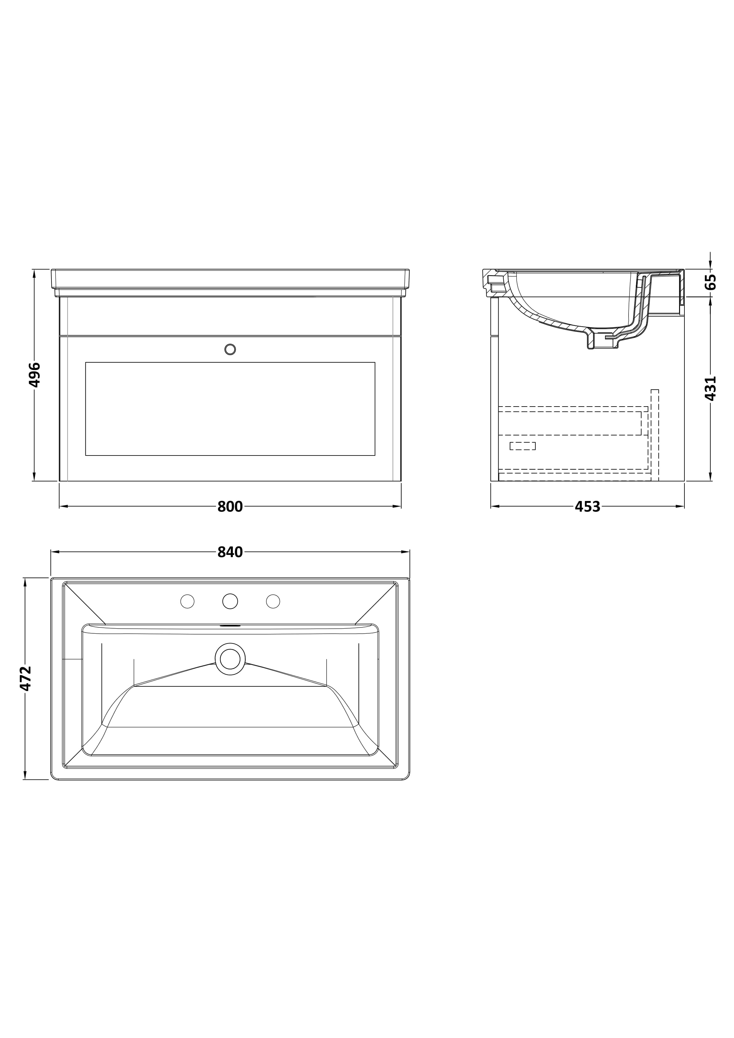 Nuie Classique 800mm Satin White Traditional Wall Hung 1-Drawer Unit & Basin 3 Tap Holes - Technical drawing