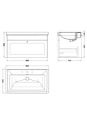 Nuie Classique 800mm Satin White Traditional Wall Hung 1-Drawer Unit & Basin 3 Tap Holes - Technical drawing