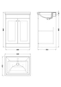 Nuie Classique 600mm Traditional Floor Standing Vanity Unit & Ceramic Basin - Satin Grey - Technical drawing